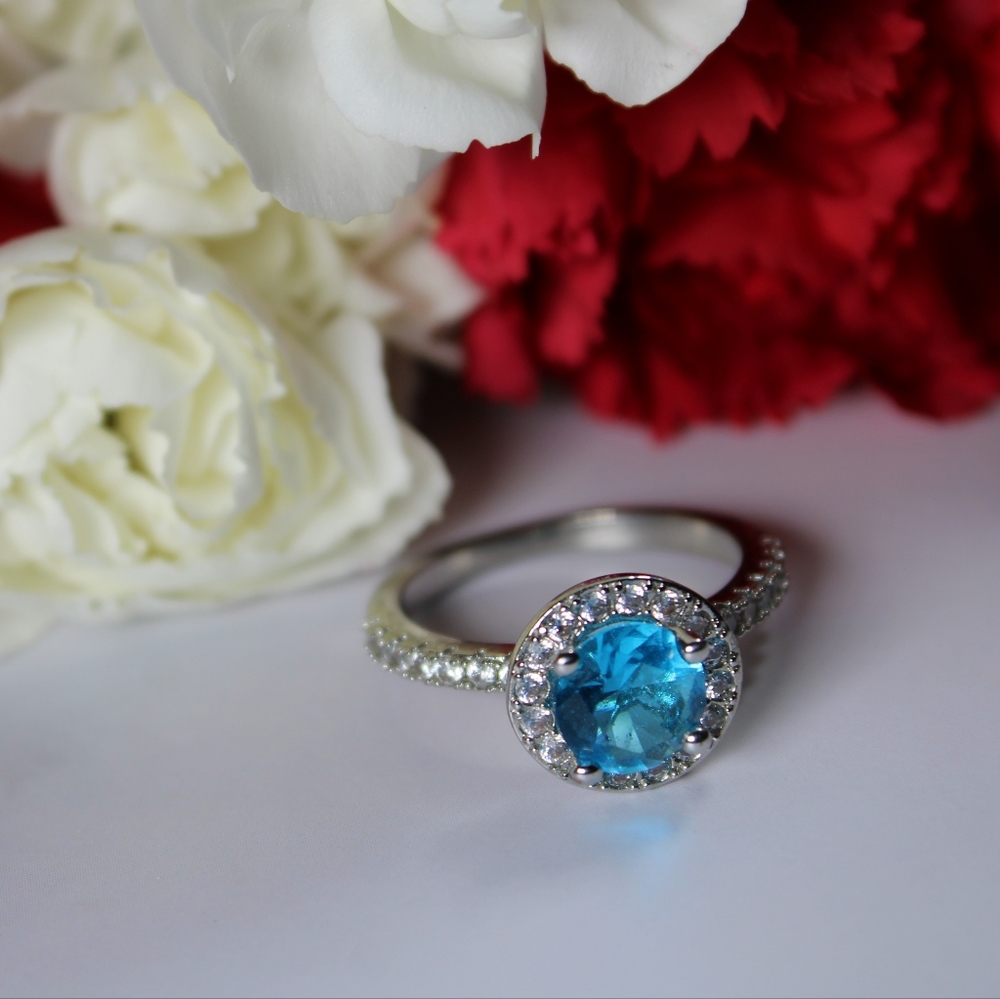 Sky Blue CZ Stone with CZ halo ring